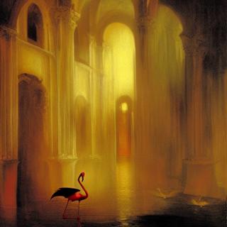 a painting of a vampire flamingo, in a sunken cathedral at dusk, painted by J. M. W. Turner -s50 -b1 -W512 -H512 -C7.5 -mk_euler_a -S818138718